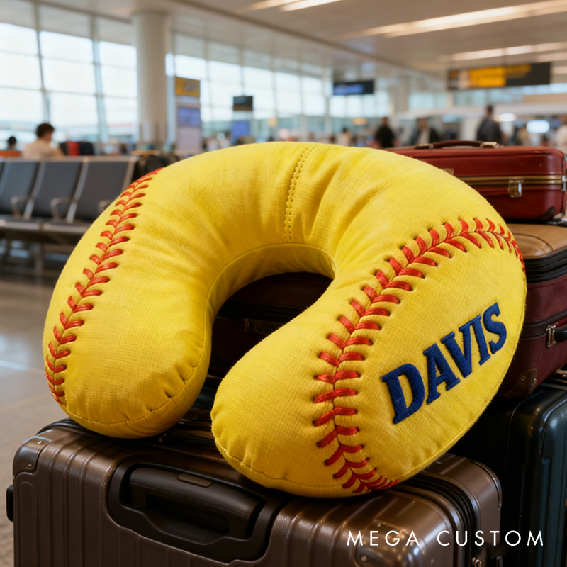 Personalized Softball U-Shaped Pillow with Custom Name for Sports Fans and Travelers