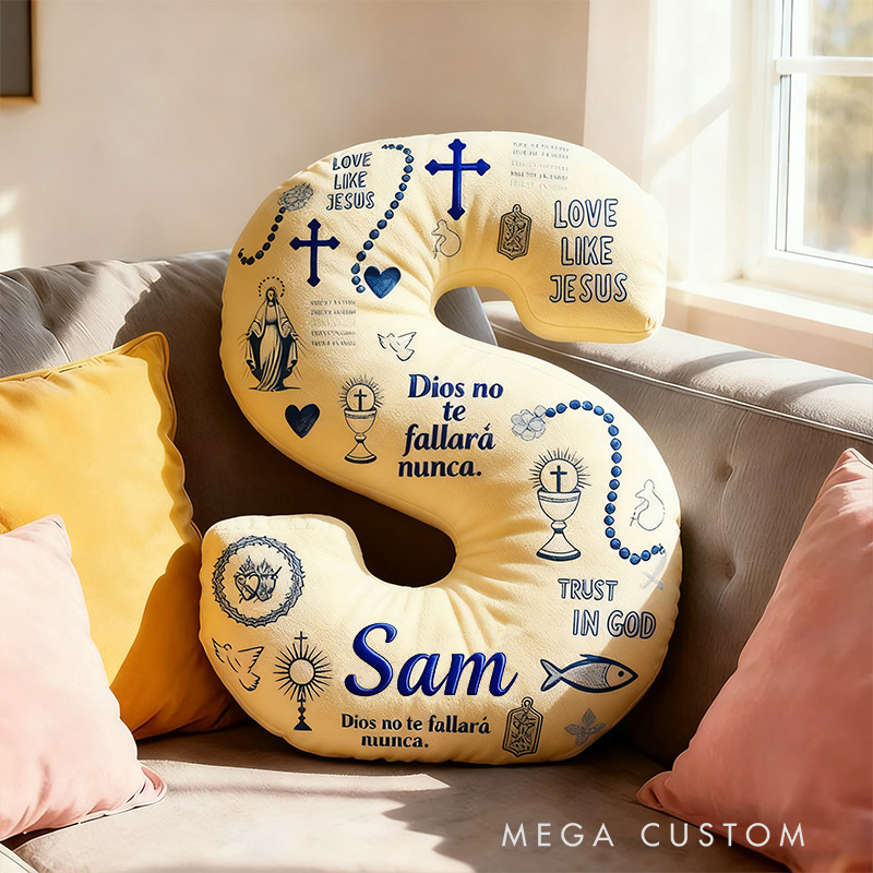 Personalized God will Never Fail You Letter Pillow with Custom Name Home Decor Virgin Mary Cross Chalic Dove and Fish Pillow Religious Gift for Her