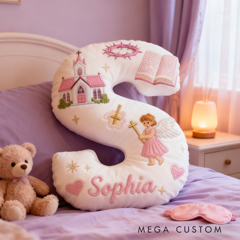 Personalized Little Angel Letter Pillow with Custom Name Kid Room Decor Church Cross Angel Bible Religious Faith Gift for Her Graphic 3D Print Pillow