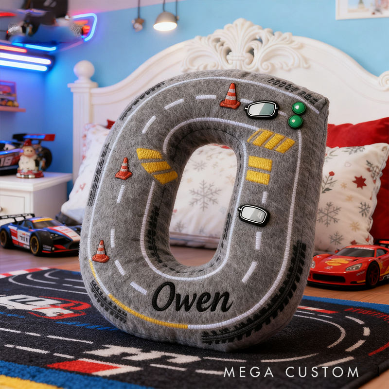 Personalized Racing Style Letter Pillow Custom Initial and Name Road Track Shaped Cushion for Car Lovers and Motorsport Fans