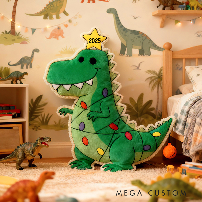 Personalized Christmas Dinosaur Light Custom Name Soft Decorative Gift Fun Holiday Style Cozy Kids Room Green Joyful Festive Magic Graphic 3D Print Pillow
