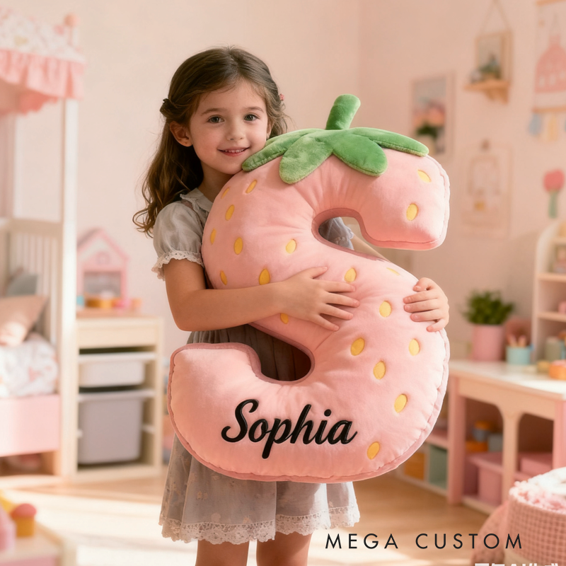 Personalized Cute Strawberry Initial Graphic 3D Print Pillow with Name Christmas Gift for Kids