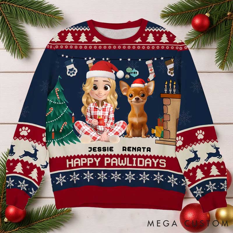 Personalized Dog Lover Snowy Pawlidays Christmas Ugly Sweater