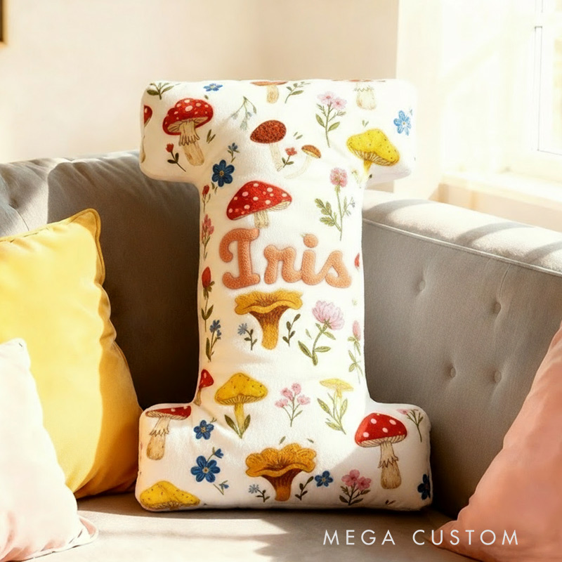 Personalized Cute Flower Letter Pillow Graphic 3D Print Whimsical Mushroom Flower Name Pillow for Kids Family Gardening Lover Gift