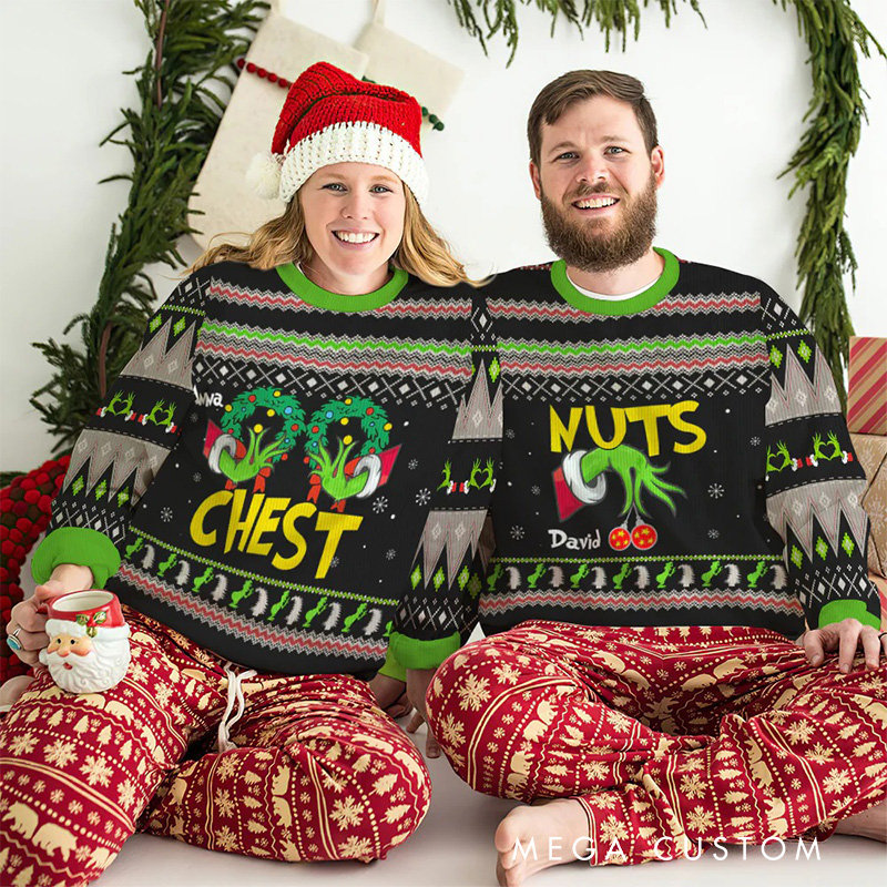 Personalized Couple Chest and Nuts Christmas Ugly Sweater Movie Christmas Sweater Film Fan Family Sweater