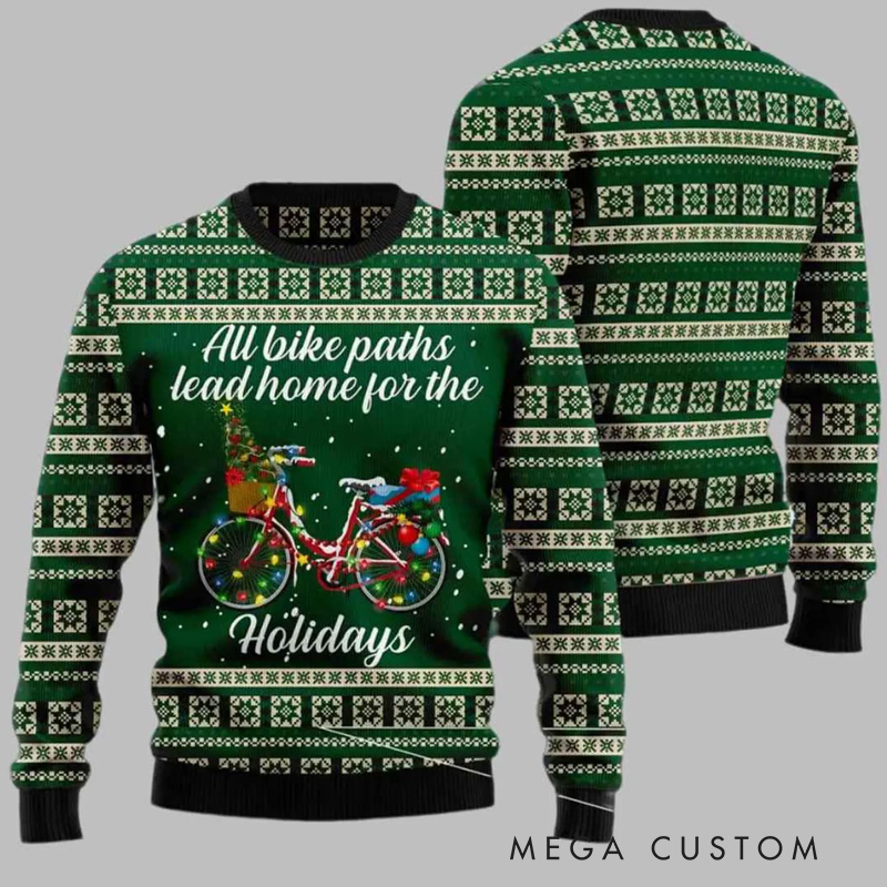 Personalized All Bike Paths Lead Home 3D Ugly Christmas Sweater Funny Cyclist Gift Bicycle Holiday Jumper Bike Rider Christmas Keepsake