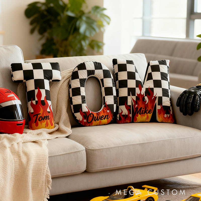 Personalized Racing Letter Throw Pillow Graphic 3D Print Custom Name Checkered and Flame Design Cushion Gift for Racers and Racing Lovers