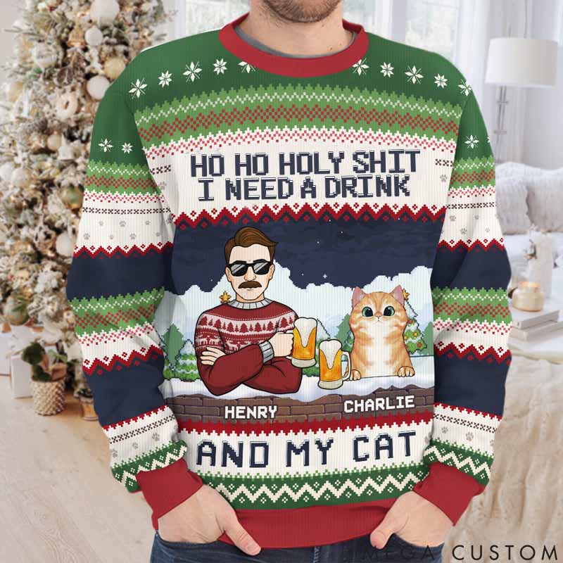 Personalized Cat Lover We Need A Beer And Our Cats Christmas Ugly Sweatshirt