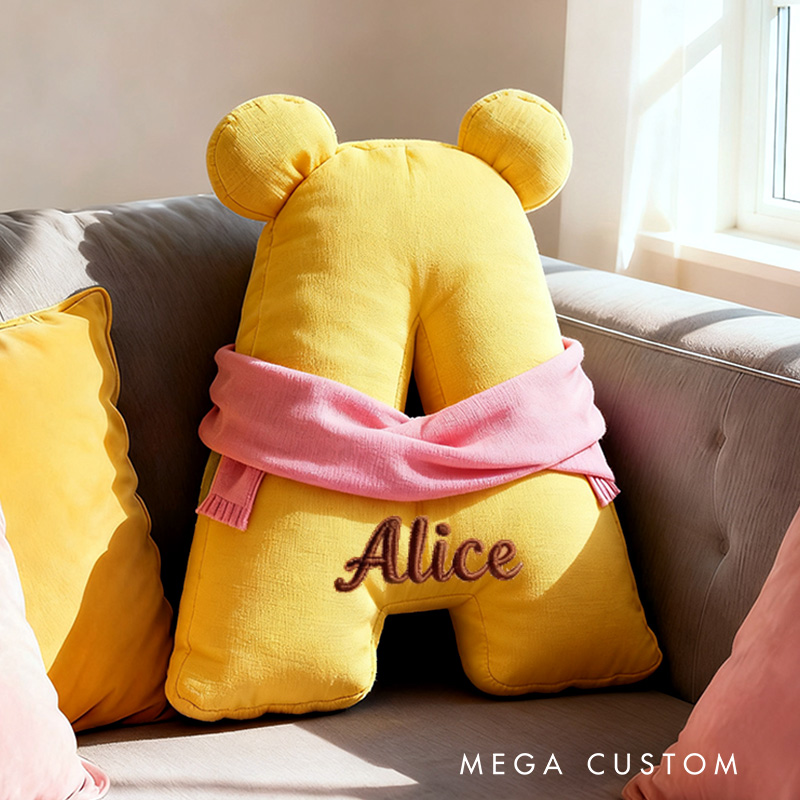 Personalized Bear Letter Name Custom Kids Gift Cute Yellow Soft Cozy Decorative Graphic 3D Print Pillow Gift for Kids Family