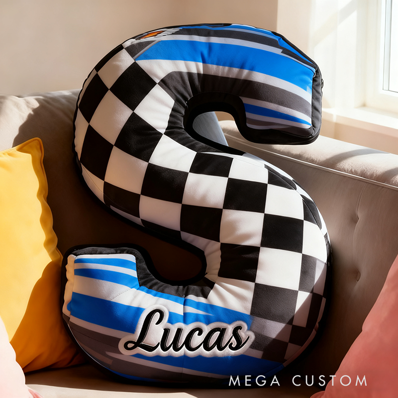 Personalized Racing Letter Pillow Graphic 3D Print Custom Name and Initial Checkered Flag Cushion Gift for Racers and Racing Lovers