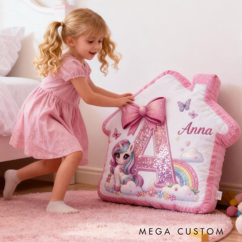 Personalized House Pillow Pink House-Shaped 26 Letters Custom Name Design for Girl's Bedroom Decor and Gift Idea Graphic 3D Print