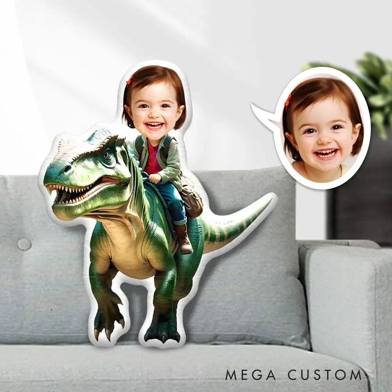 Personalized Dino Adventure Pillows Thrilling Prehistoric Journey with Custom Photo and Dinosaur Ride
