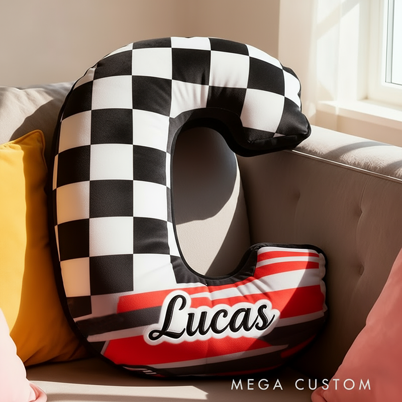 Personalized Racing Letter Pillow Graphic 3D Print Custom Name and Initial Checkered Flag Cushion Gift for Racers and Racing Lovers