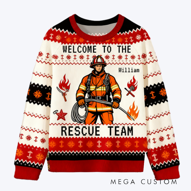 Personalized Christmas Firefighter Ugly Sweater Fireman Xmas Sweater Firefighter Ugly Christmas Sweater Fire Department Sweater For Men
