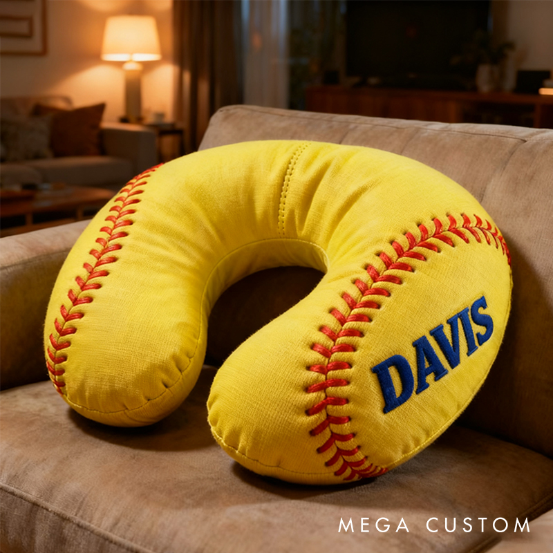 Personalized Softball U-Shaped Pillow with Custom Name for Sports Fans and Travelers