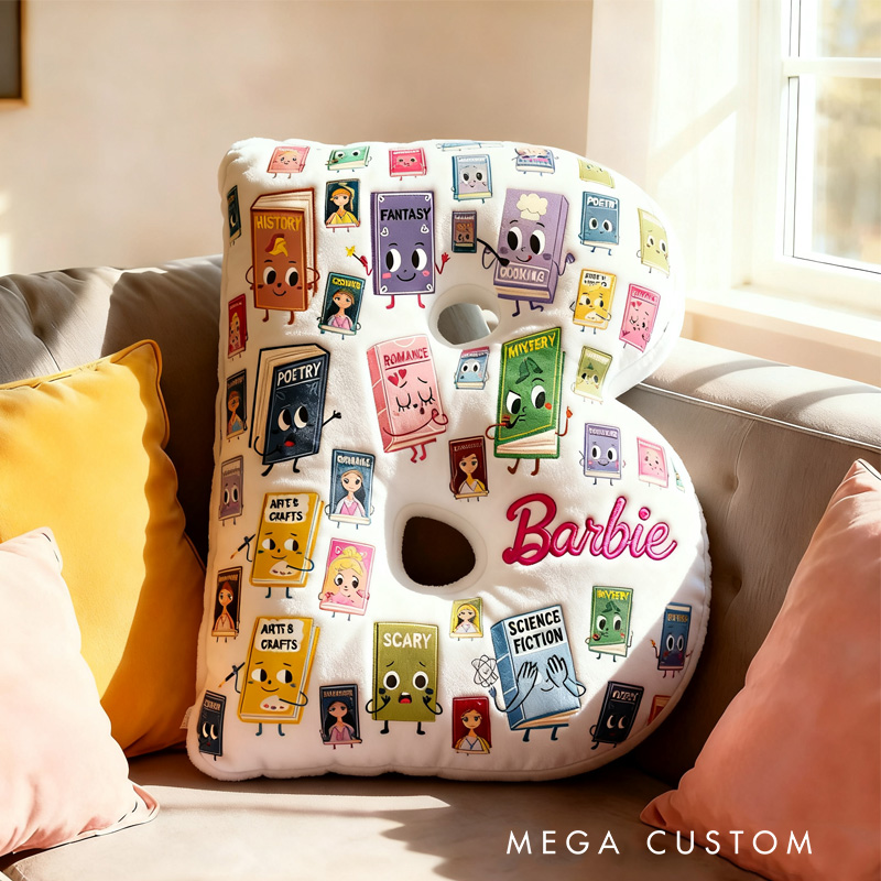 Personalized Book Genres Alphabet Throw Pillow Graphic 3D Cozy Bookish Pillow with Name for Kids Bookworm Librarian Christmas Throw Pillow Bookish Gift