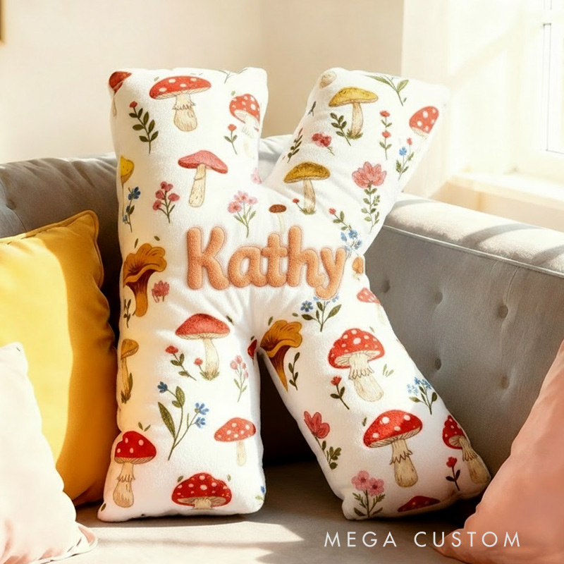 Personalized Cute Flower Letter Pillow Graphic 3D Print Whimsical Mushroom Flower Name Pillow for Kids Family Gardening Lover Gift