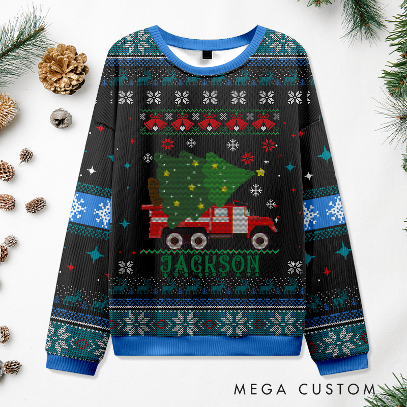 Personalized Firefighter Christmas Sweater Fire Truck Carrying Christmas Tree Sweatshirt Gift for Firefighters