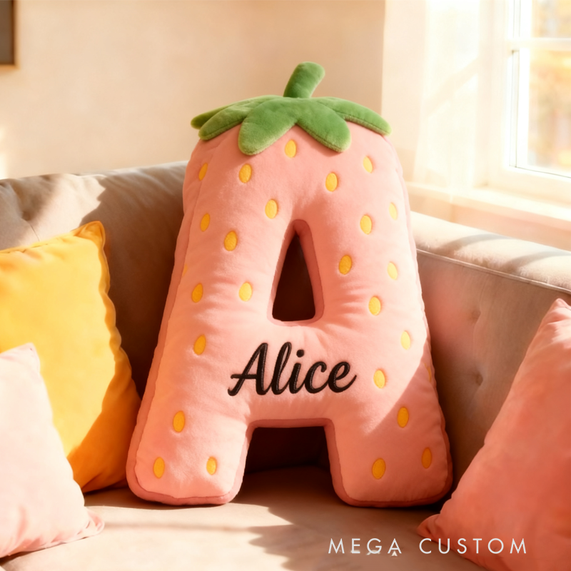 Personalized Cute Strawberry Initial Graphic 3D Print Pillow with Name Christmas Gift for Kids