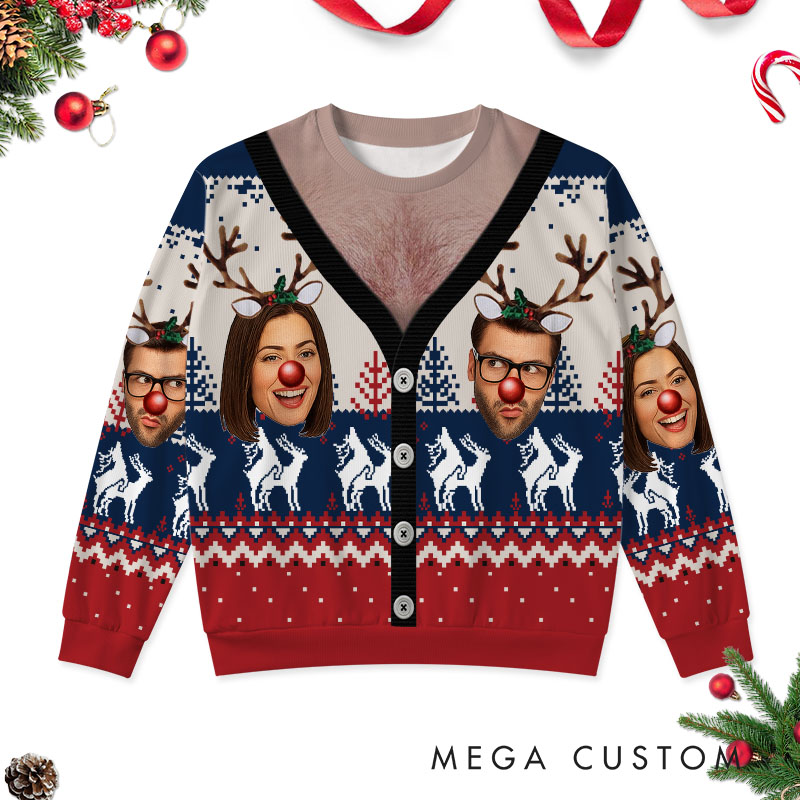 Personalized Funny Couple Face Photo Christmas Ugly Sweater Custom Couple Chest Xmas Matching Crewneck Sweatshirt Christmas Gift for Husband Wife