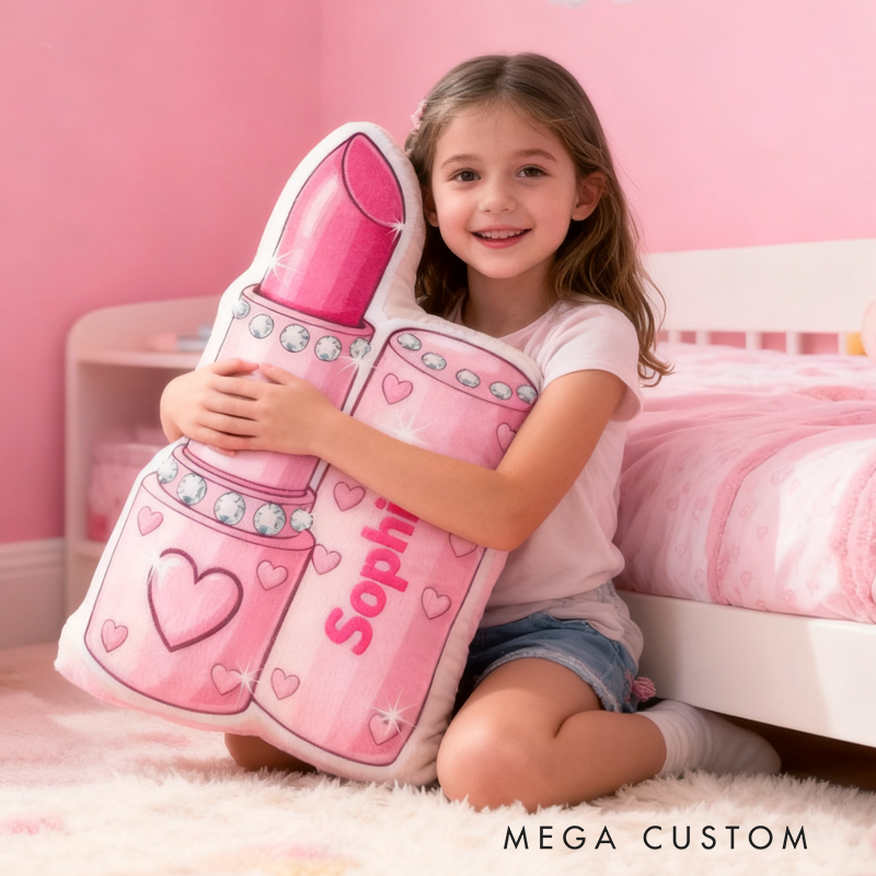 Personalized Pink Glitter Lipstick with Name Graphic 3D Print Pillow Christmas Gift for Kids