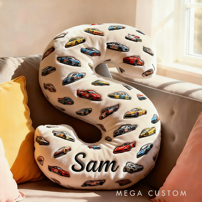 Personalized Racing Letter Pillow Custom Name and Alphabet Initial Shaped Cushion Graphic 3D Print Gift for Car Enthusiasts and Racing Lovers