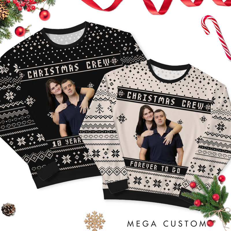 Personalized  Couple Christmas Crew Photo Ugly Sweater Couple Festive Sweater with Photo for Husband Wife Couple Anniversary Ugly Sweater