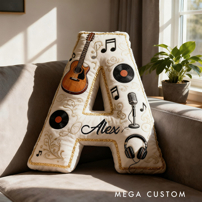 Personalized Graphic 3D Print Vinyl Records and Guitars Pillow With Your Own Name Soft Stuffed Toy for Kids Music Lovers Unique Decorative Cushion for Room