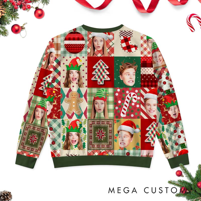 Personalized Funny Couple Photo Patchwork Christmas Ugly Sweater Custom Couple Face Xmas Matching Crewneck Sweatshirt Christmas Gift for Husband Wife