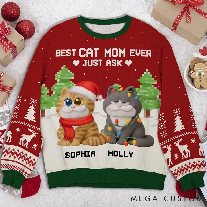 Personalized Cat Lover Best Chunky Cat Mom Christmas Ugly Sweater