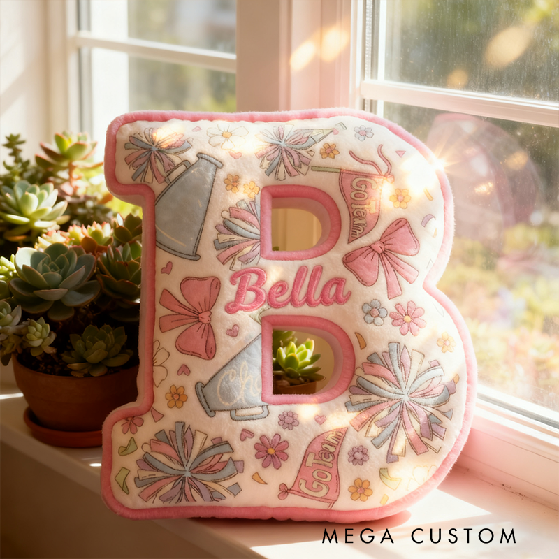 Personalized Cheerleading Initial Pillow with Custom Name and Cheer Theme Design