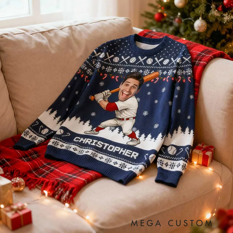 Personalized Baseball Christmas Ugly Sweatshirt with Custom Face and Name
