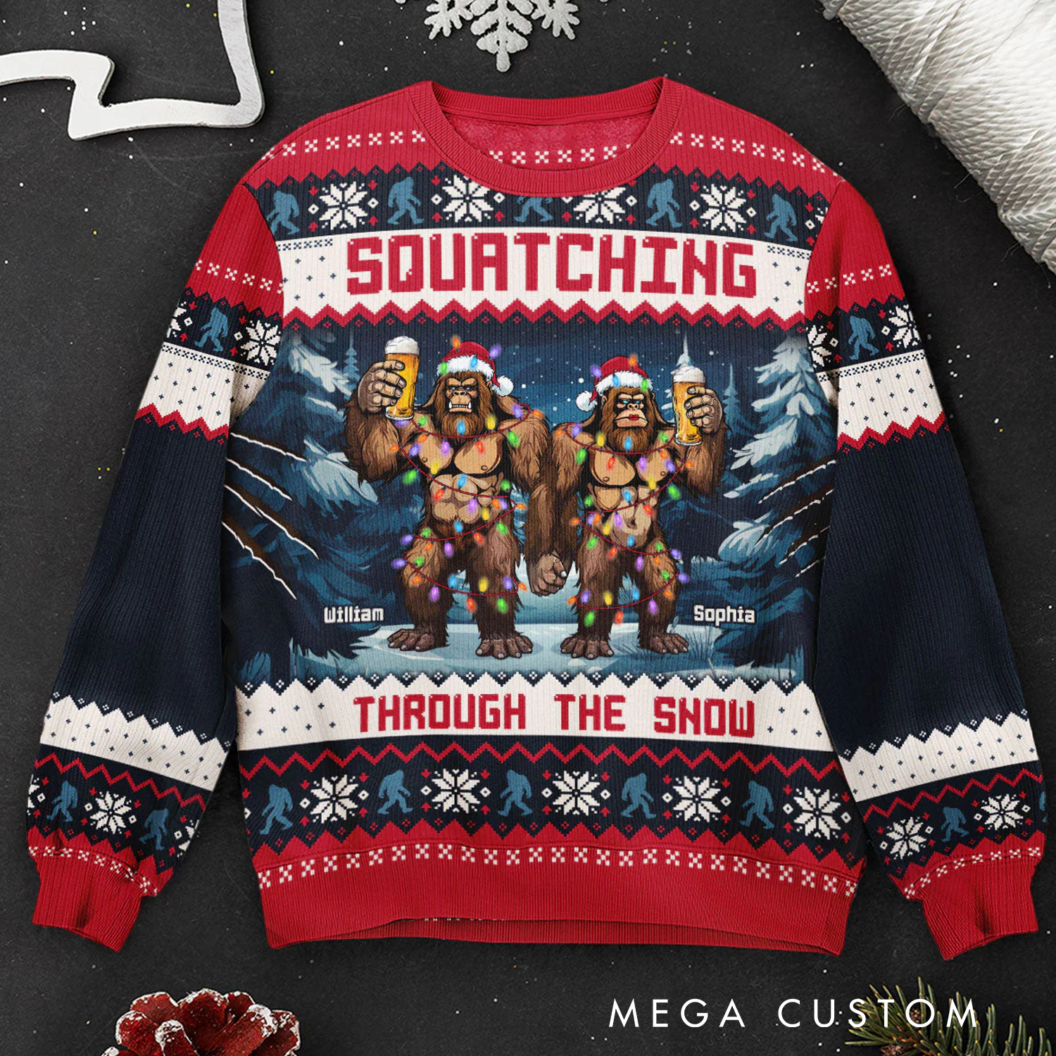 Personalized Squatching Through the Snow Ugly Sweater Christmas Gift for Outdoor Hiking Enthusiasts