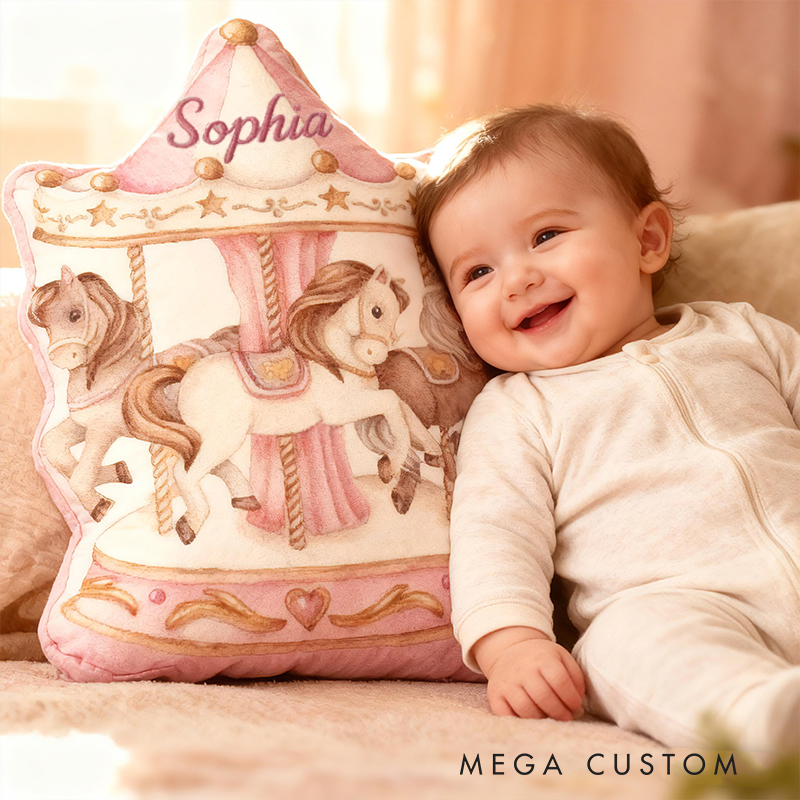 Personalized Carousel Horse Shape Custom Name Soft Decorative Gift Fairytale Princess Style Cozy Nursery Room Gentle Pink Graphic 3D Print Pillow