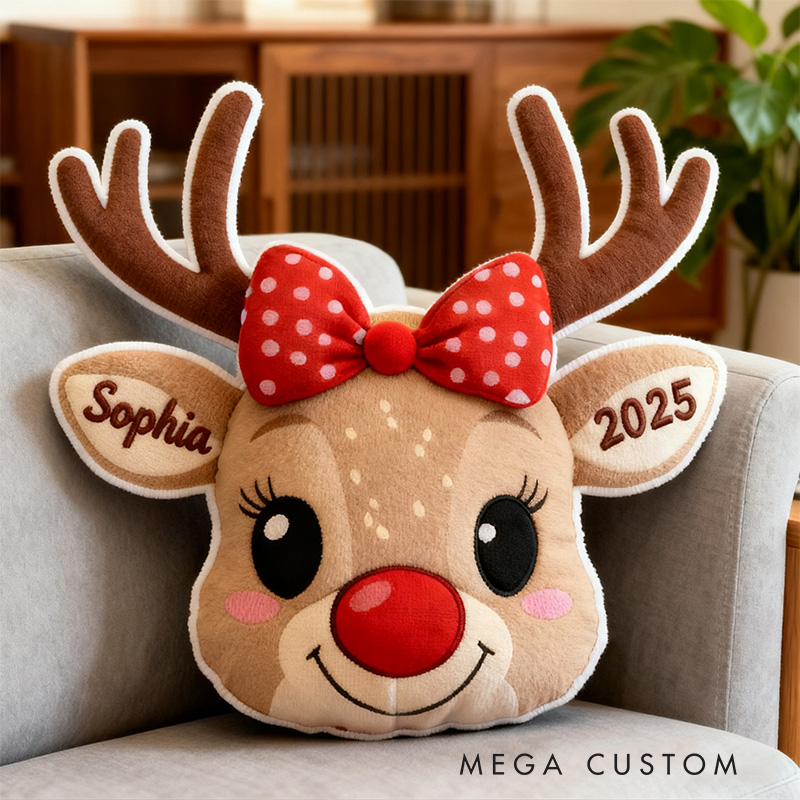 Personalized Cute Reindeer Face with Red Bow Custom Name and Year Soft Holiday Decoration Cozy Christmas Gift Plush  Graphic 3D Print Pillow