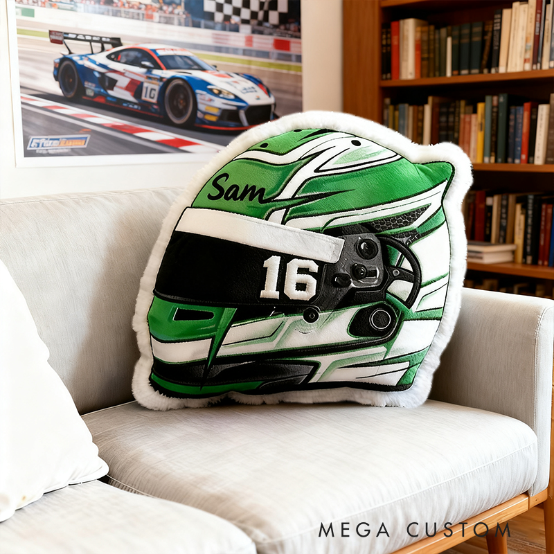 Personalized Racing Helmet Shaped Pillow Graphic 3D Print Custom Name Race Car Design Cushion Gift for Motorsports and Racing Lovers