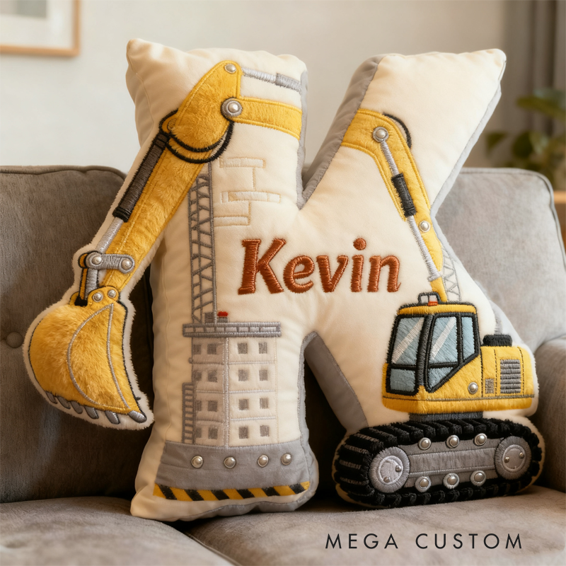 Personalized Excavator Theme Initial Name Graphic 3D Print Pillow Christmas Gift for Kids