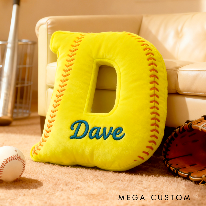 Personalized Softball Themed Letter Shaped Pillow with Custom Name
