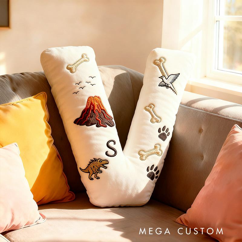 Personalized Volcano Letter Name Custom Kids Gift Dinosaur Bones Lava Adventure Fun Soft Decorative Graphic 3D Print Pillow