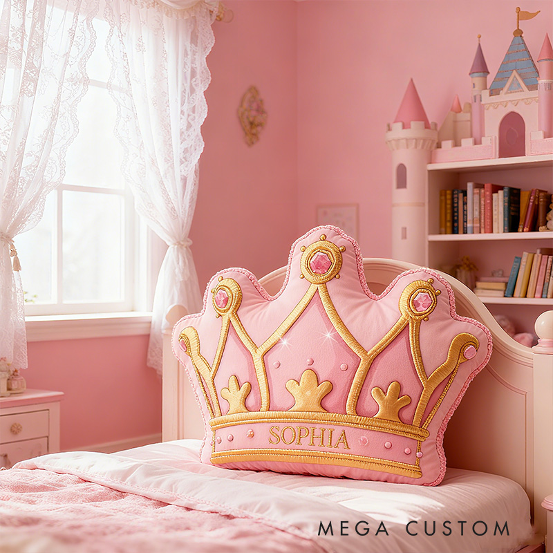 Personalized Pink Crown Shape Custom Name Soft Decorative Gift Royal Princess Style Cozy Girls Room Fairytale Castle Graphic 3D Print Pillow