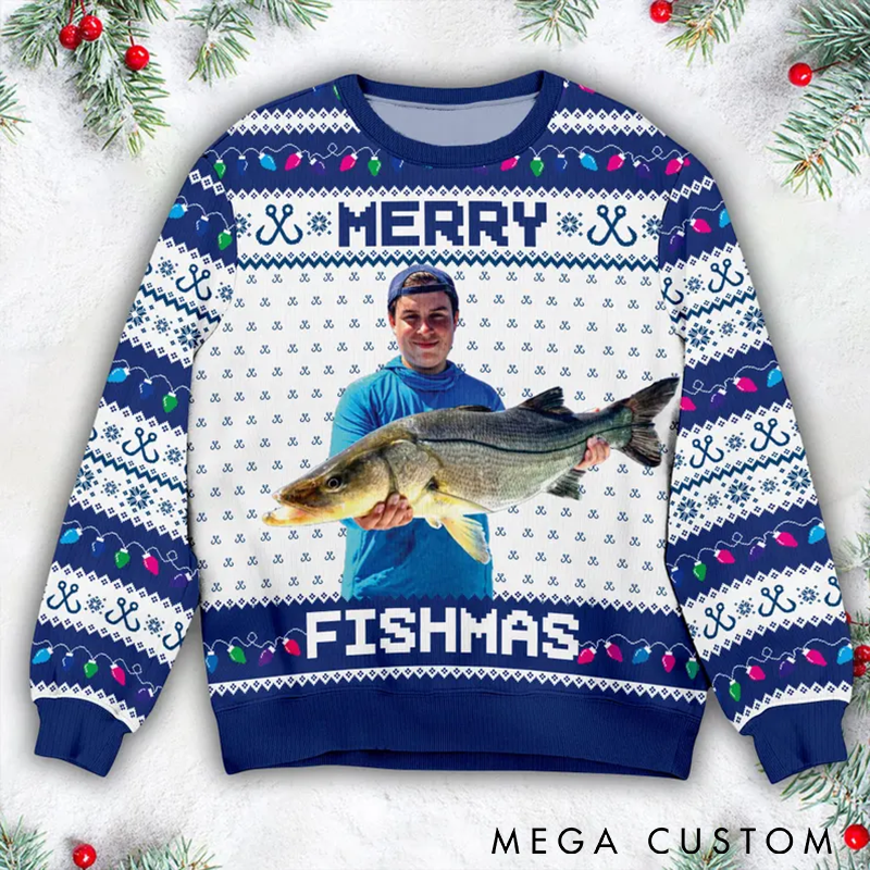 Personalized Fishing Ugly Sweater Custom Photo Ugly Sweater Merry Fishmas Ugly Sweater Perfect Holiday Gift for Fishing Enthusiasts