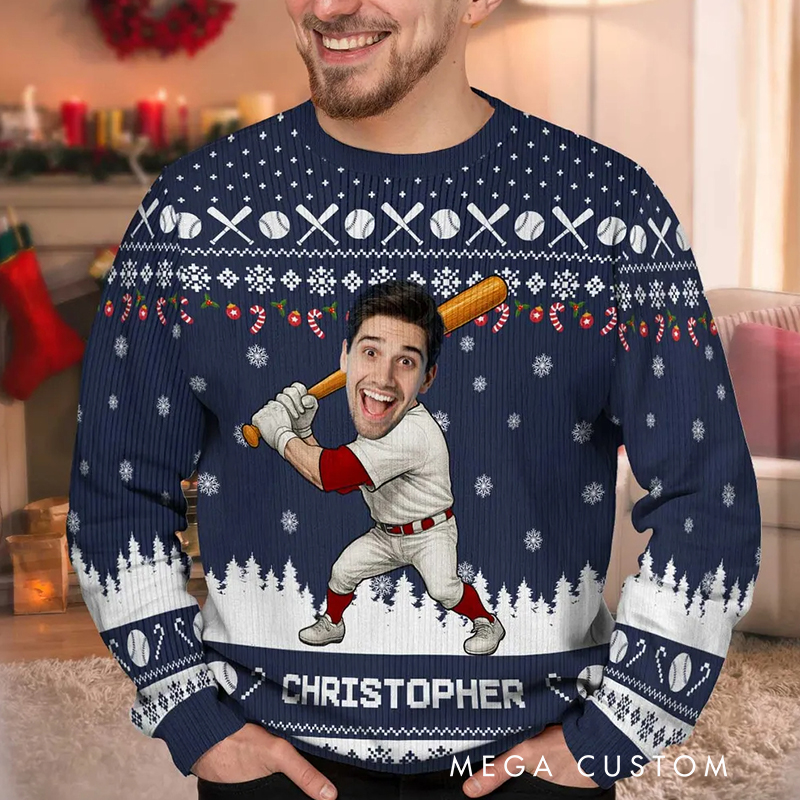 Personalized Baseball Christmas Ugly Sweatshirt with Custom Face and Name
