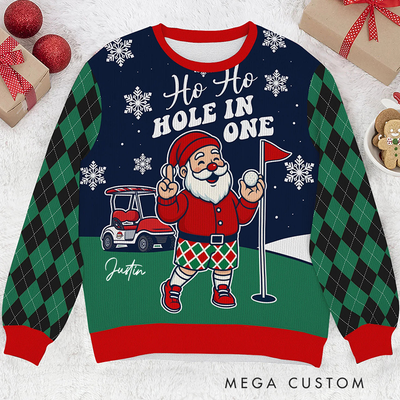 Personalized “Ho Ho Hole In One” Funny Santa Christmas Ugly Sweatshirt for Golf Enthusiasts