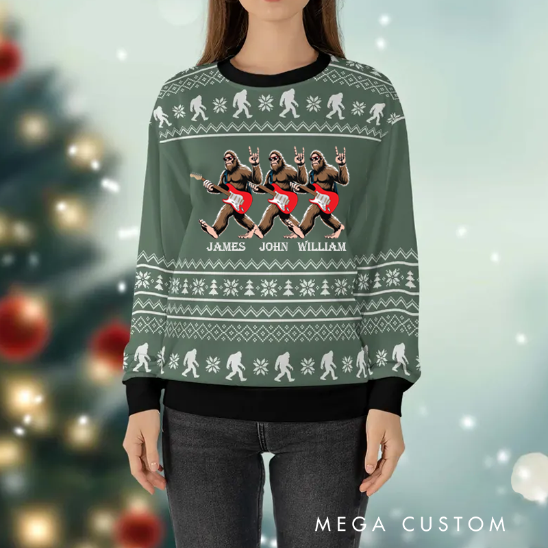 Personalized Ugly Sweater Rockstar Bigfoot Playing Electric Guitar Sweater Music Christmas Sweater Song Fan Family Sweater