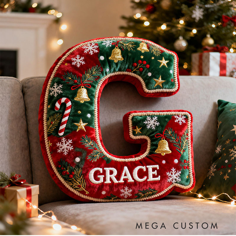 Personalized Christmas Letter Pillow Festive Holiday Decor Candy Cane and Bell Graphic 3D Print Cozy Custom Cushion for Living Room Soft Decorative