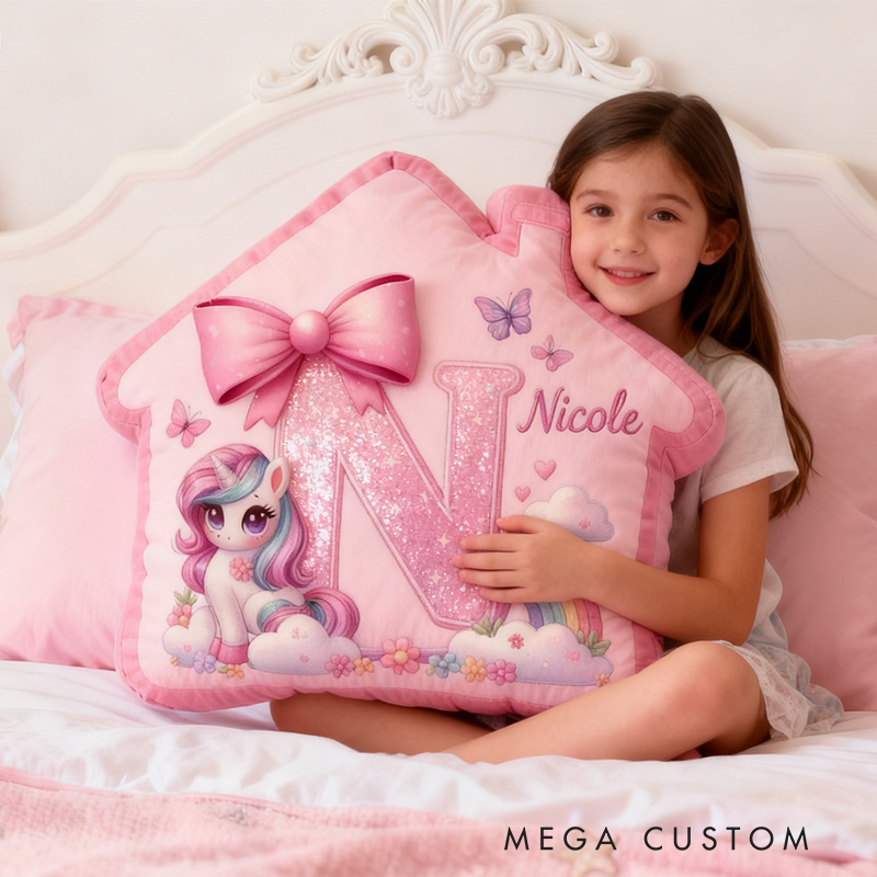 Personalized House Pillow Pink House-Shaped 26 Letters Custom Name Design Perfect for Girl's Bedroom Decor and Gift Idea Graphic 3D Print