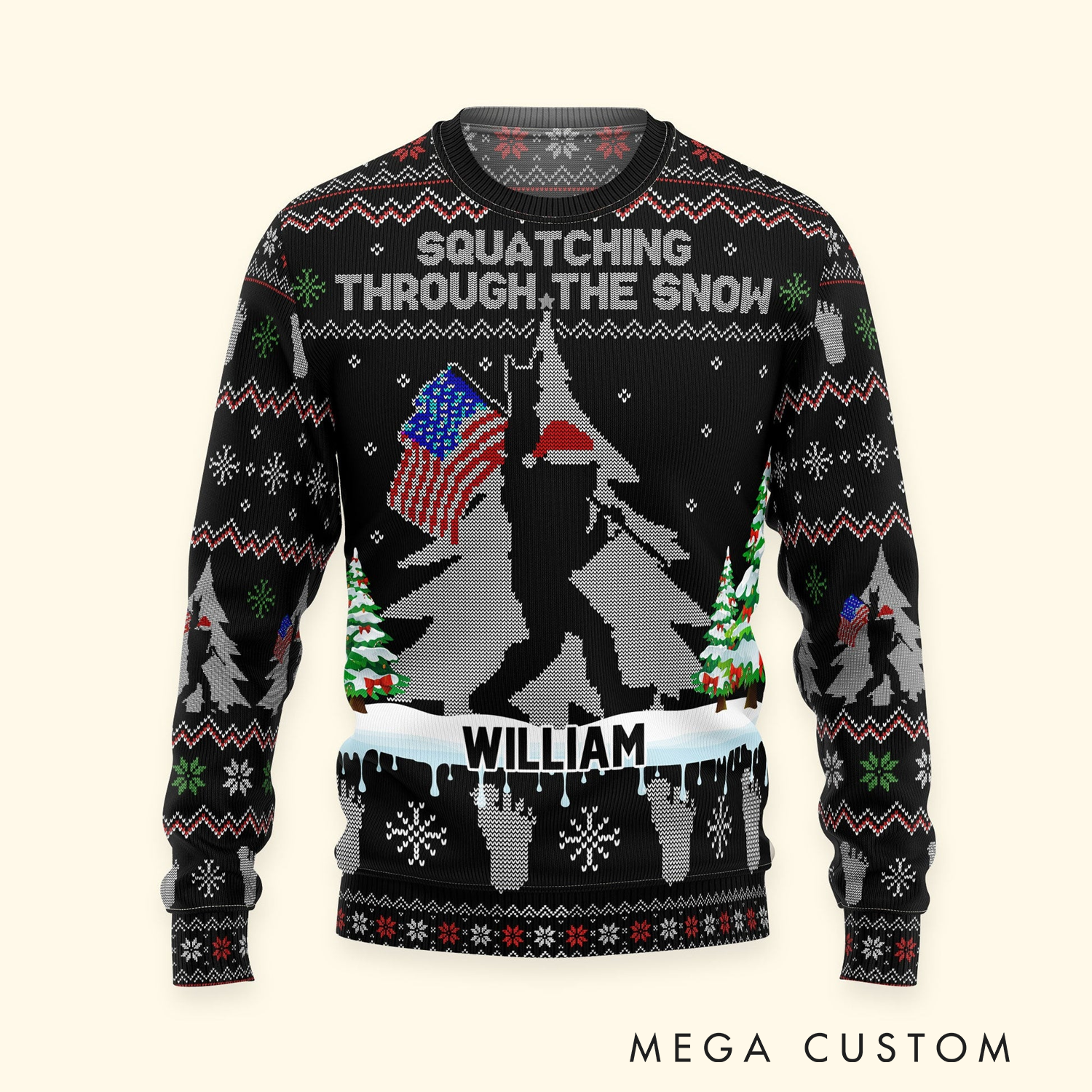 Personalized Squatching Through the Snow American Bigfoot Ugly Sweater Christmas Gift for Outdoor Enthusiasts
