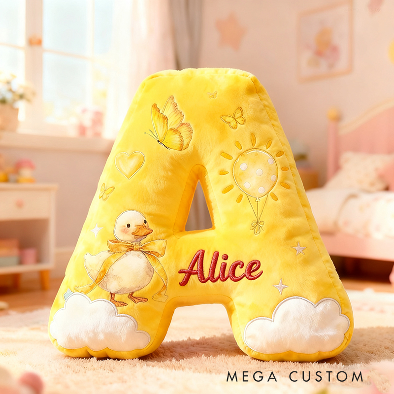 Personalized Yellow Duck Sun Cloud Letter Initial Custom Name Soft Decorative Gift Cheerful Kids Room Bright Alphabet Graphic 3D Print Pillow