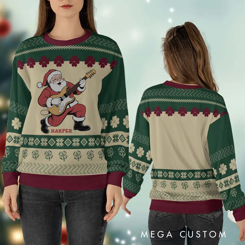 Personalized Ugly Sweater Rockstar Santa Shirt Christmas Guitar Sweater Music Christmas Sweater Song Fan Family Sweater