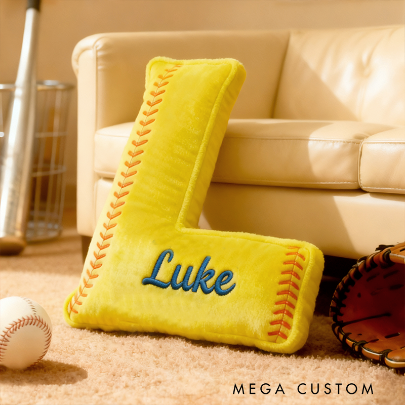 Personalized Softball Themed Letter Shaped Pillow with Custom Name